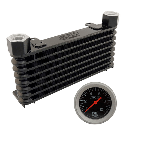 Radiador de óleo universal - Entrada/Saída 10AN - 250mm x 105,5mm x 32mm + Manômetro de Pressão de Óleo 10 Bar 52mm