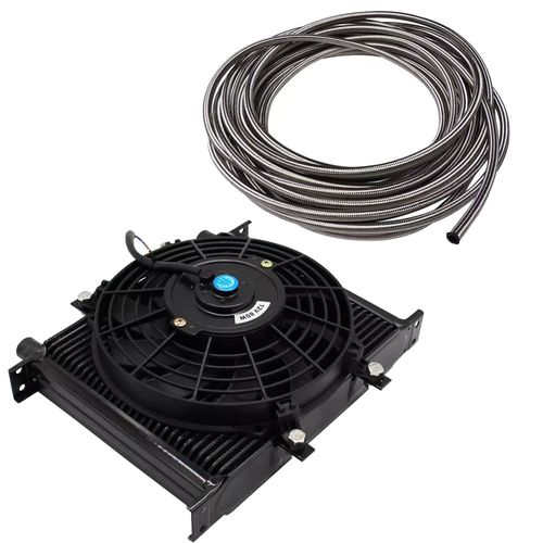 Radiador de óleo universal com ventoinha - Entrada/saída 10AN "macho" - 285mmx230mmx50mm + 4 metros mangueira tipo Aeroquip com malha de inox 10AN