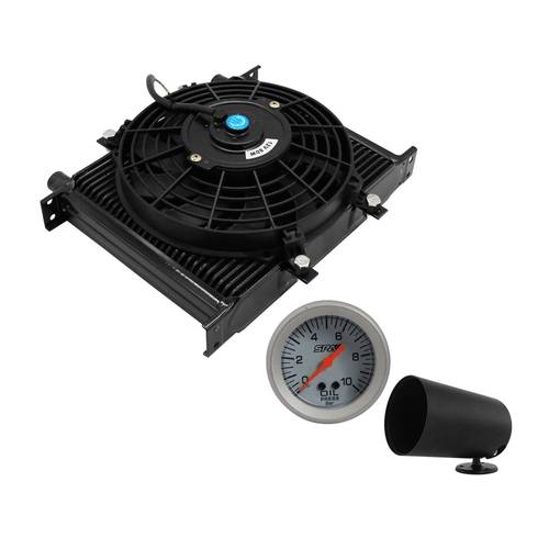 Radiador óleo universal com ventoinha - Entrada/saída 10AN "macho" - 285mmx230mmx50mm + MANÔMETRO PRESSÃO ÓLEO 10 BAR 52 MM COM SUPORTE