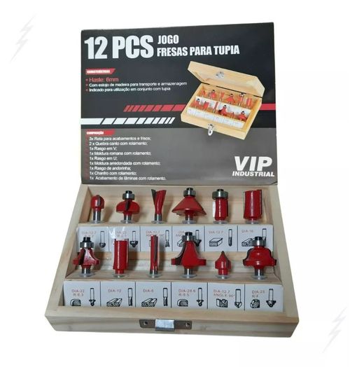 Jogo de Fresas para Tupia Haste 1/4 a 6,35mm com 12 peças VIP