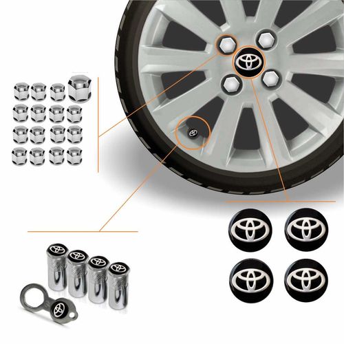 Kit Acessórios Para Roda Calota Toyota Emblema Resinado + Tampa Ventil Antifurto + Capa Parafuso