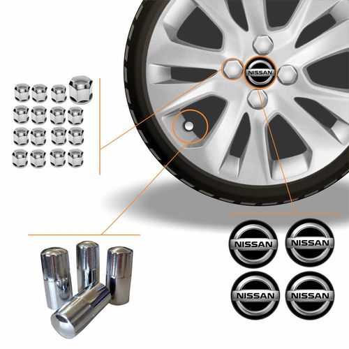 Kit Acessórios Para Roda Calota Nissan Emblema Resinado + Tampa Ventil Cromada + Capa Parafuso